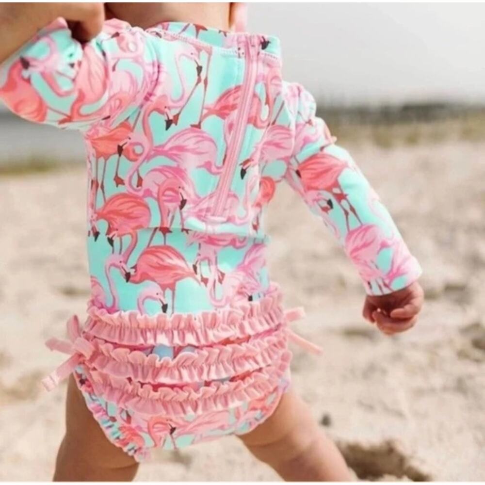 Ruffle Butts Vibrant Flamingo Long Sleeve One Piece Rash Guard Swimsuit 18-24 MO